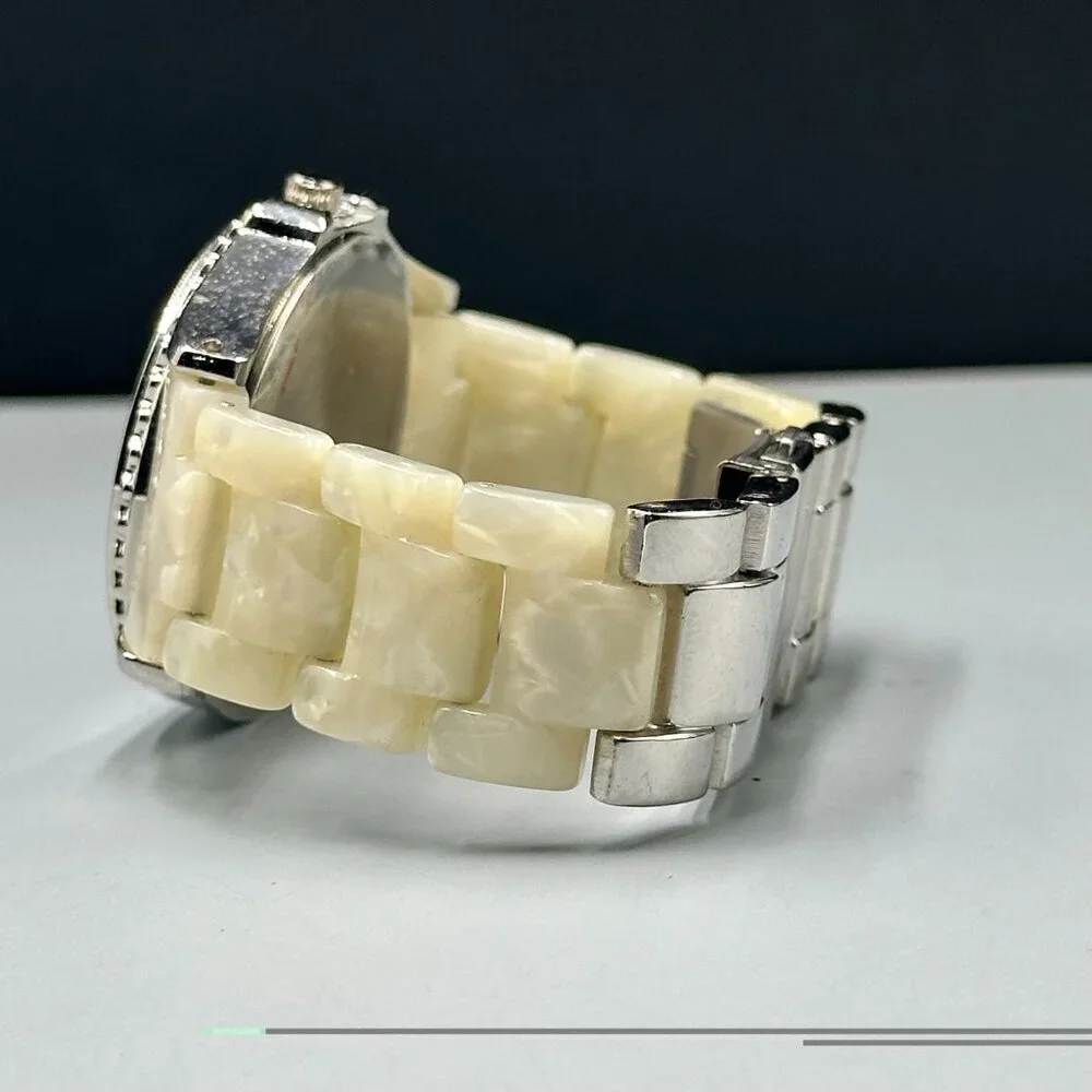 3/$30 Silver Tone Women Watch Rhinestone Bezel Cream Resin Band New Battery